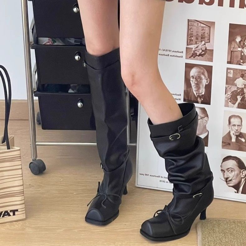 Rindsleder-Version ~ Square Toe Ballet Bow Stacked Damen Overknee-Stiefel mit dünnem High Heel_voghion.com