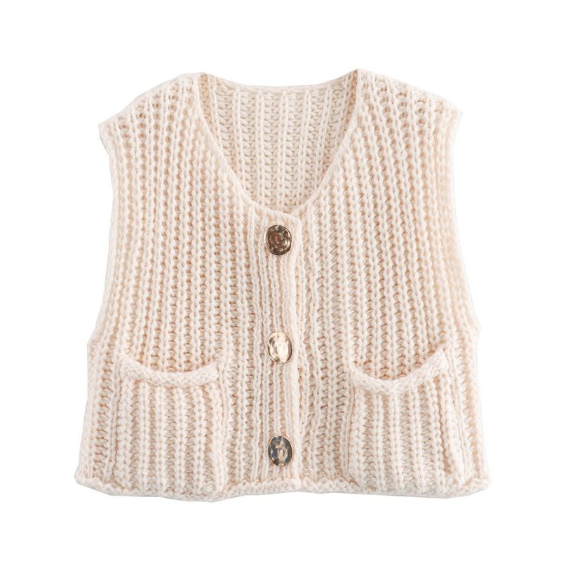 Roupas femininas outono 2024 anúncio inverno novo produto V-eck bolso três botões sem mangas cardiga kitted colete para_voghion.com