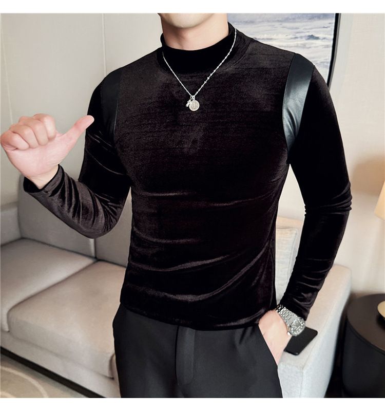 Abbigliamento maschile T-shirt a maniche lunghe elastica con collo alto e mezza pelle testurizzata da uomo, sottile, in velluto, con colletto medio, aderente, abiti autunnali_voghion.com