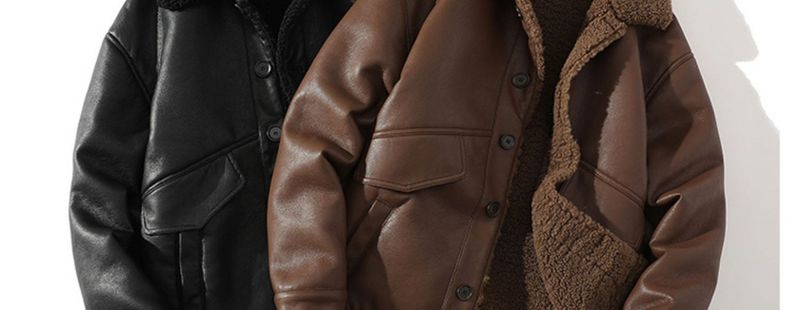 Men's Casual Fleece-Lined Faux Leather Jacket With Notched Lapel - Winter Warm Thickened Coat For Big & Tall (M-5XL, Black/Brown)_voghion.com