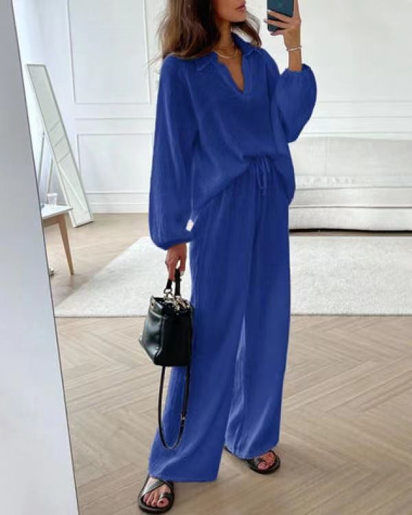 Completo da donna in cotone e lino, cardigan, maglia a maniche lunghe, pantaloni a gamba larga e tasche, completo due pezzi_voghion.com
