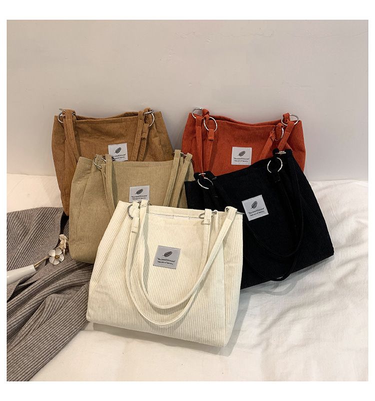 Canvas Bag Women's One-shoulder Korean-style ins Vintage Simple Artistic Corduroy Laid-back Style Large Capacity Portable Shopping Bag_voghion.com