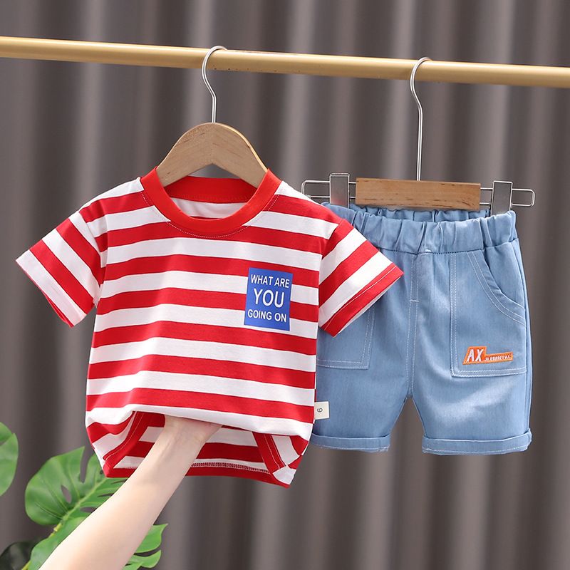 2024 Summer Trendy Korean Edition Boys and Girls Casual Cartoon Fashionable Striped Short Sleeve Shorts Set of Two_voghion.com