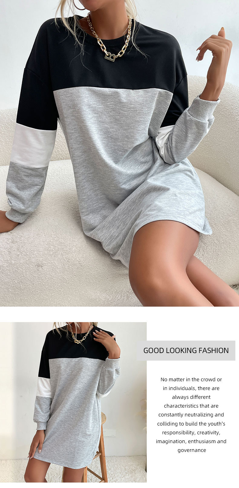 Gonna felpata abbinata ai colori a maniche lunghe da donna, nuova moda autunno 2023_voghion.com
