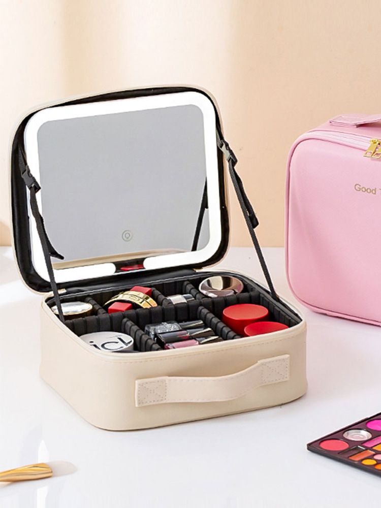 High-end LED With Mirror Travel For Women Portable Large Capacity Makeup Brush Case Handheld Partition Beauty Bag_voghion.com