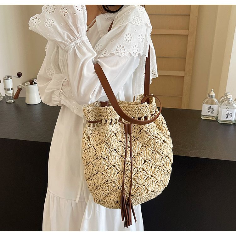 Straw Bag Woven Bag Large Capacity Straw Bag Women's Single Shoulder Armpit Bucket Bag Summer Beach Holiday Beach Bag_voghion.com
