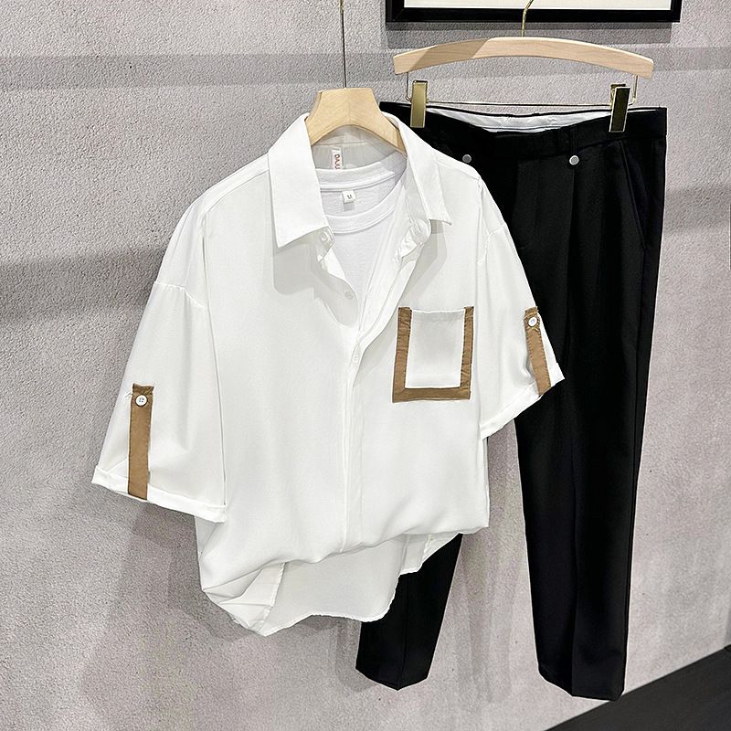Abbigliamento maschile Marchio di moda Camicia a maniche corte in seta ghiacciata da uomo Estate Stile coreano sottile alla moda Casual ampio Bello Top a cinque punte a maniche medie_voghion.com