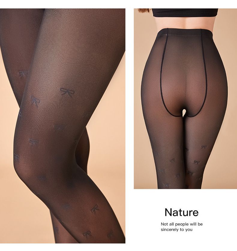 Collant neri trasparenti con fiocco a farfalla e fantasia a cuori e pois da donna - Leggings invernali foderati in pile per donna (taglia unica per 36-71 kg)_voghion.com