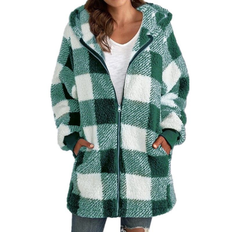 Manteau en peluche européen et américain pour femmes 2024 Nouveau manteau ample à manches longues à capuche avec fermeture éclair et poche_voghion.com