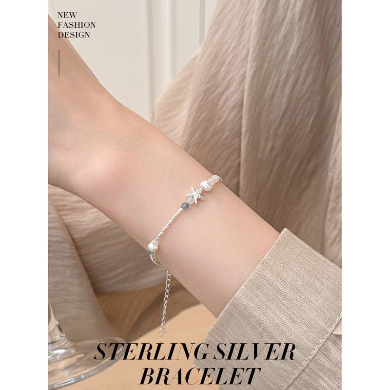 Women’s Summer Starfish Natural Pearl Charm Bracelet - Niche Fresh Design With Fragmented Silver & Aquamarine Accents_voghion.com