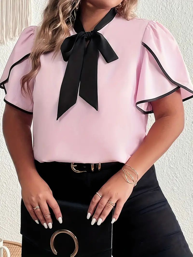 Camisa de talla grande con cuello a juego para mujer, camisa elegante con manga de pétalos, talla grande_voghion.com