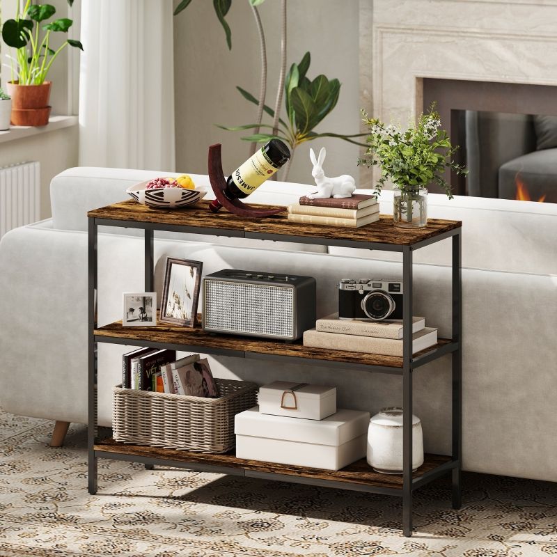 Konsolentisch Als Beistelltisch Mit 3-stufigem Regal, Metallgestell, Hellbraun_voghion.com