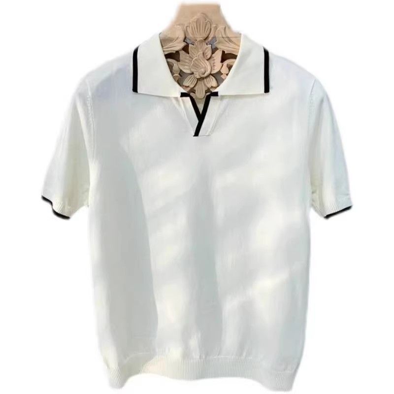 Männerkleeder Summer Kontrastfaarf mëll bequem reife Trend Mark gestrickte Poloshirt Männer Retro Revers Kuerzärm T-Shirt_voghion.com