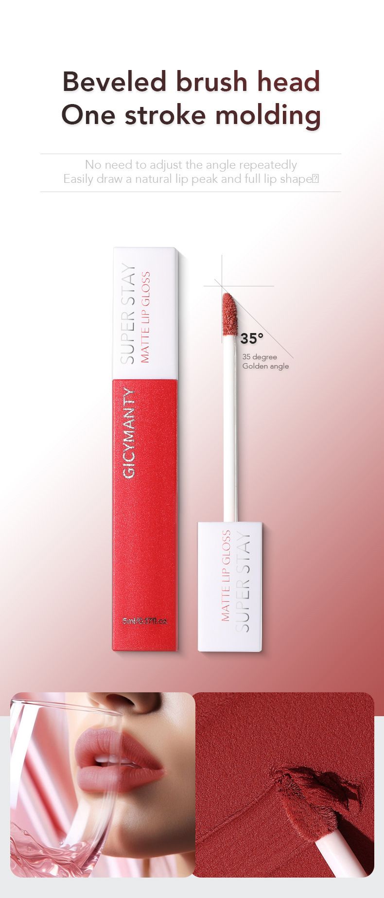 Brillo de labios mate aterciopelado: barra de labios cuadrada resistente a las manchas y con 12 horas de duración, en rojo intenso._voghion.com