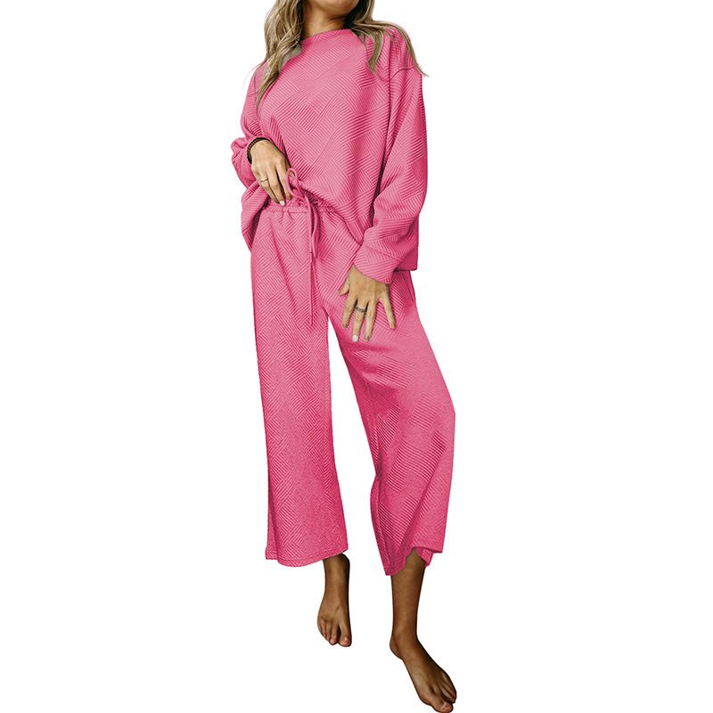 Terno casual solto simples de cor sólida, outono inverno, novo, texturizado, com cordão, roupa esportiva para mulheres, 2025_voghion.com