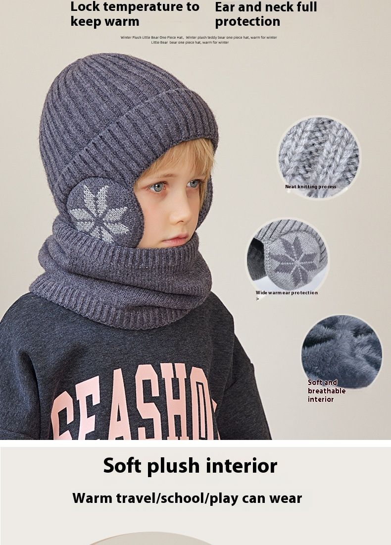 Children's Hat Winter Velvet Neck Set Knitted Wool Hat Men's and Girls' Warm Ear Protection Hoodie Head Cap_voghion.com
