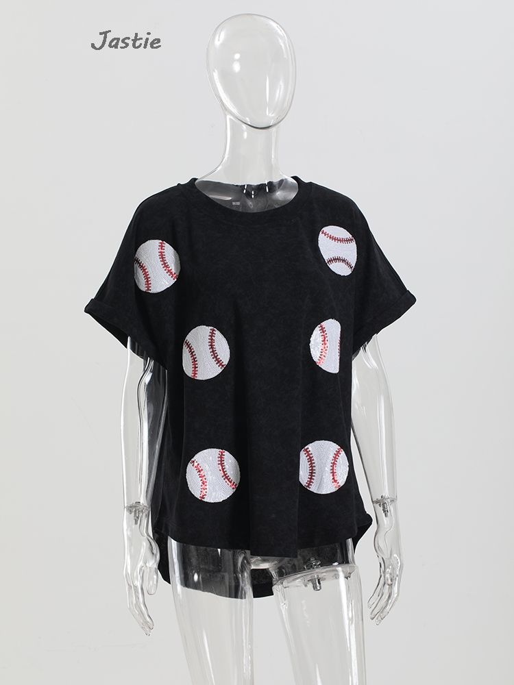 hot selling 2024 Spring And Summer Sequin Baseball Game Loose T-Shirt Women's Short-Sleeve O-Neck Pullover Top_voghion.com