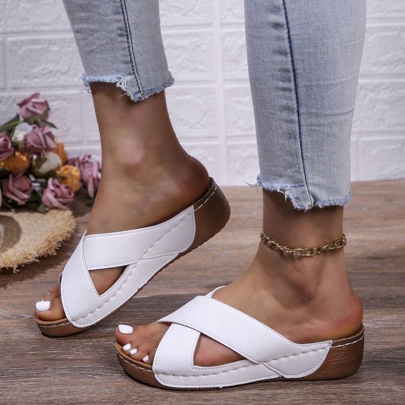 New Women's Sandals Cross Wedge Heel Thick Sole Simple Casual Outside To Wear Slippers_voghion.com