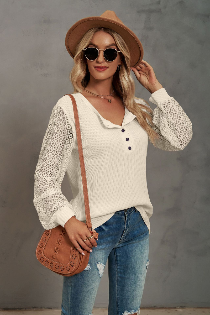 Women's Clothing Casual Waffle Grace Panel Long Sleeve Button T-shirt Top_voghion.com