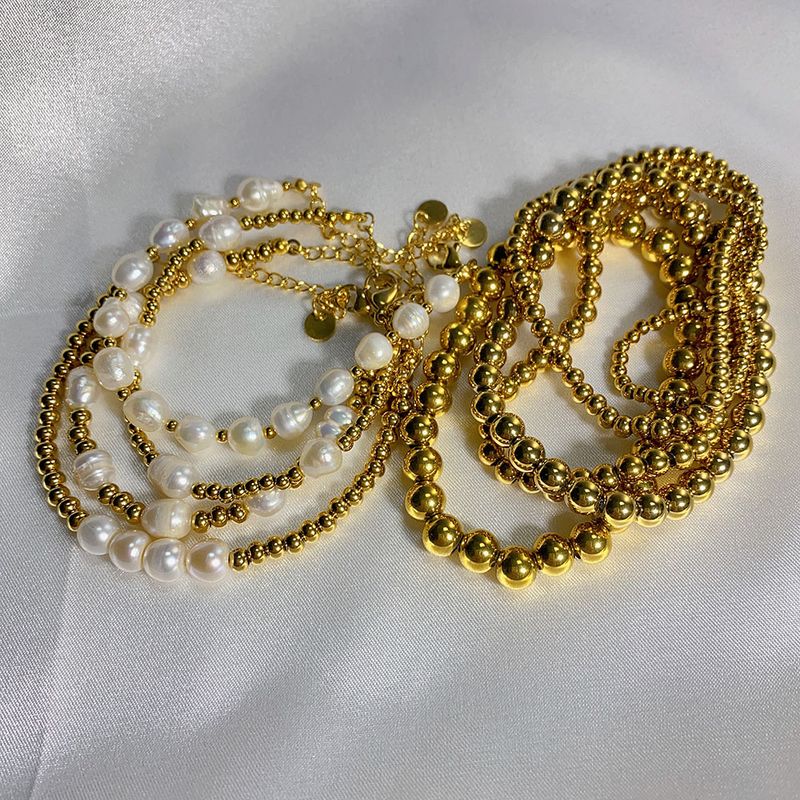 Bracelet polyvalent en acier inoxydable avec perles rondes pour femme, perles d'eau douce naturelles_voghion.com