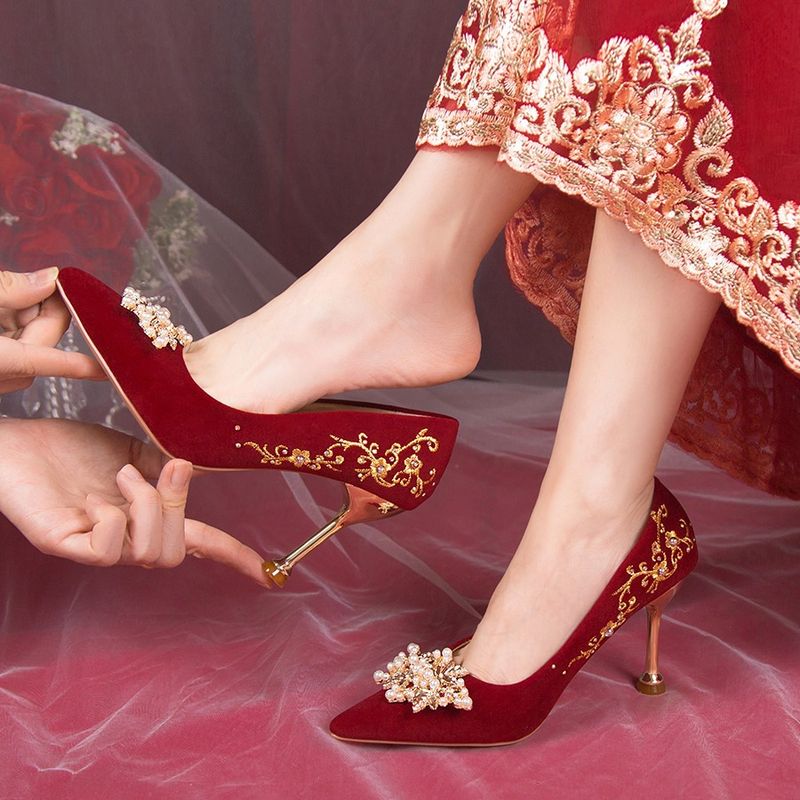Brautschuhe für Frauen, bequeme Schuhe, Hexiu-Brautkleid im chinesischen Stil, zweiseitige rote High Heels, einzigartiges Design_voghion.com