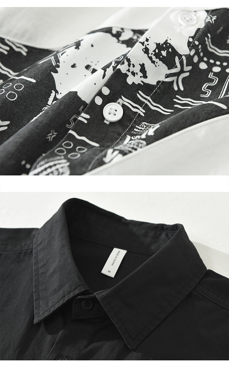 6732 Camicie a maniche lunghe da uomo in stile retrò giapponese, con stampe alla moda, cuciture, top casual larghi, una generazione._voghion.com