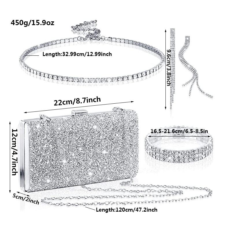 Set di gioielli da donna: elegante collana con strass, orecchini con nappe, bracciale e pochette per feste serali, borsa da sera, set di quattro gioielli_voghion.com