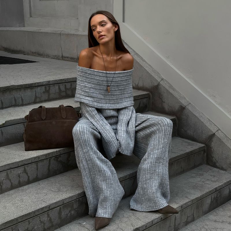 Solid Color Knit Sweater & Wide-Leg Pants Set – Elegant Office Wear, Oversized Pullover & Flowy Trousers_voghion.com