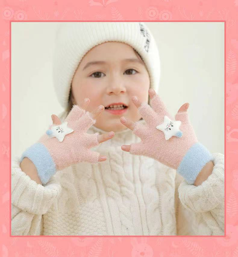 Kinder Herbst und Winter warme Schulmädchen Halbfinger Schreiben Cartoon Kälteschutzhandschuhe_voghion.com