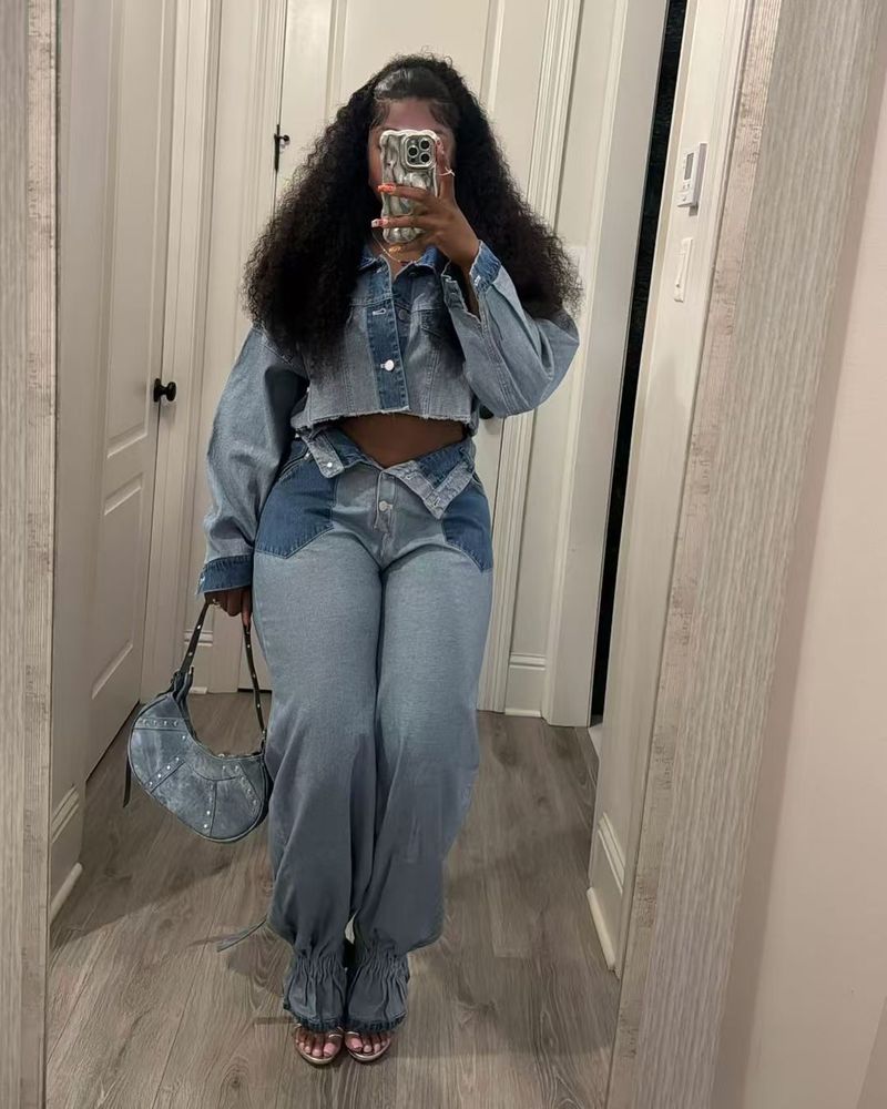 Ubrania damskie Casual Kolor Dopasowany Denim Garnitur_voghion.com