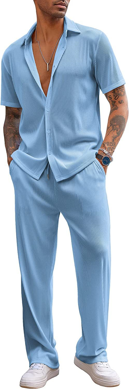 Calças compridas de manga curta de cor sólida masculina nova solta conjunto casual_voghion.com