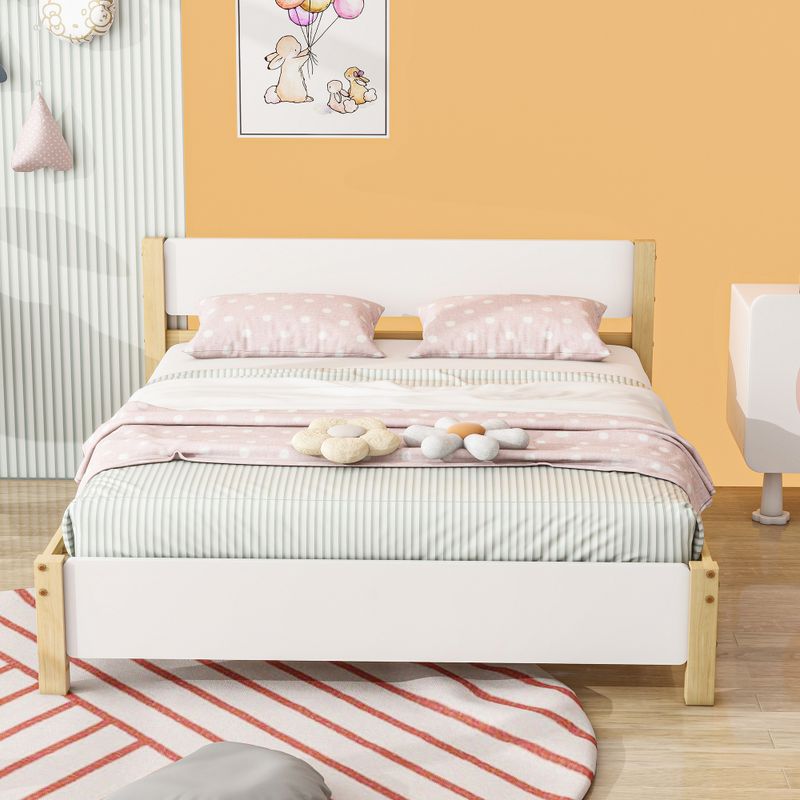 Doppelbett, Holzbett, Kiefernholzrahmen Mit Mittelfuß, Jugendbett, Erwachsenenbett, Mit Kopf- Und Fußteil Aus MDF, Bianco + Natura, 140x200 Cm_voghion.com