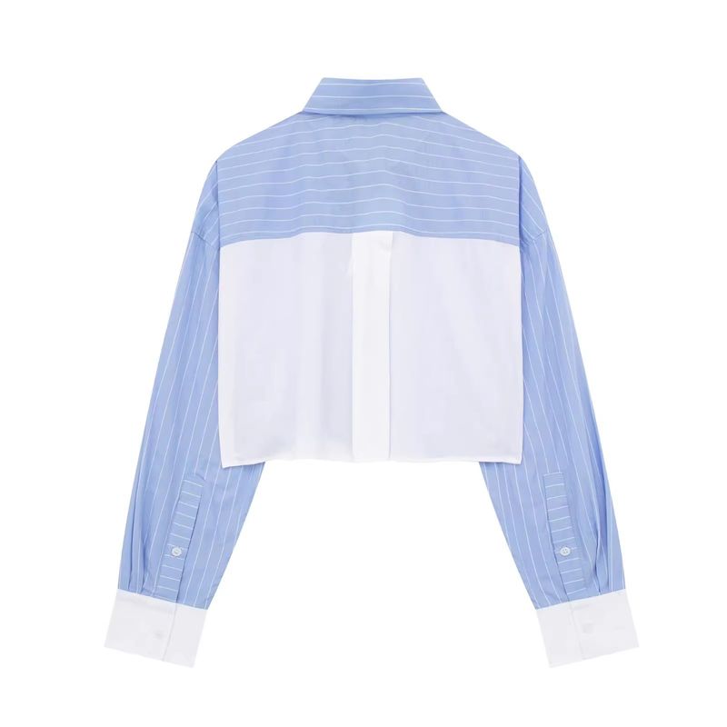 Women's clothing New Women's Striped Contrast Color Shirt Top + Elastic High Waist Shorts Two-piece Set 8BS9697_voghion.com