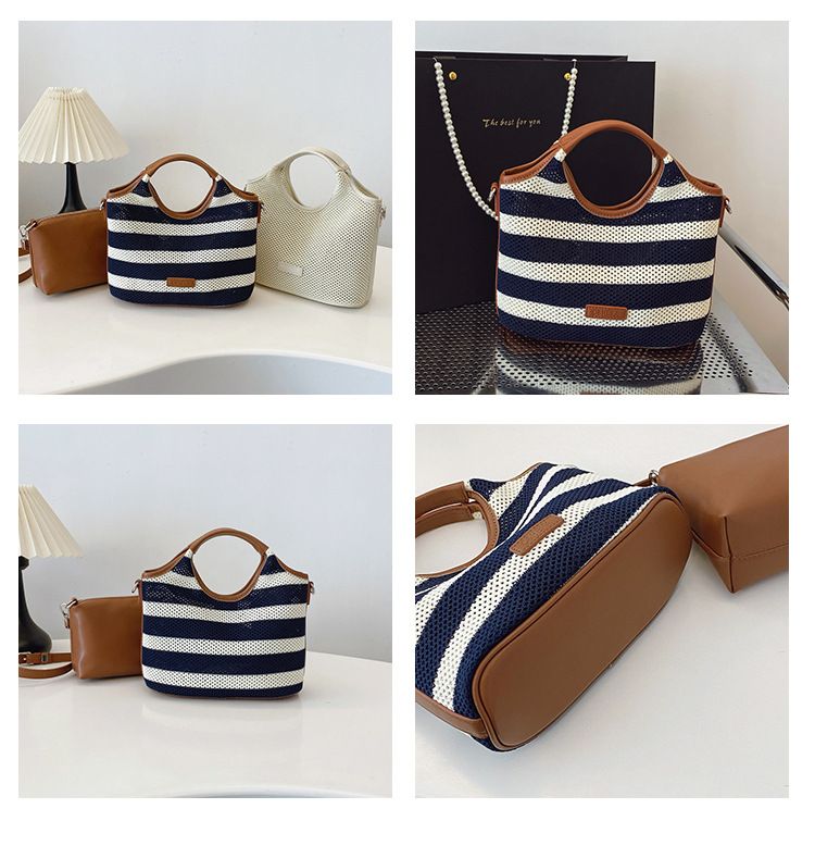 Borsa a secchiello con motivo a righe per donna, borsa da spiaggia casual in stile vacanza di grande capacità, tracolla singola_voghion.com