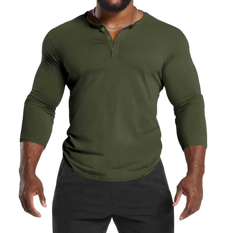 Unschlagbare Qualität 2025 Herbst Langarm Herren T-Shirt Rundhals Einfarbig Button Down Henley Casual Base Shirt_voghion.com