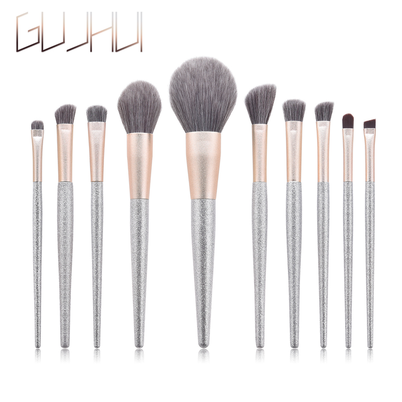 Conjunto de 10 pincéis de maquiagem Yuncai Silver Lisa Powder Brush Blush Brush Makeup Tools GUJHUI_voghion.com