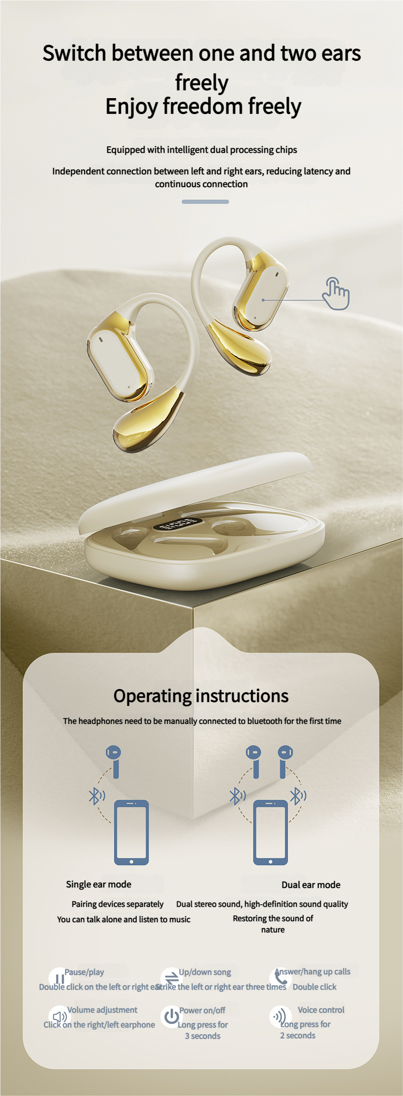 11 Open Ear Bluetooth Headphones Wireless Clip-On Earbuds HD Call Smart Touch Control Bone Conduction_voghion.com