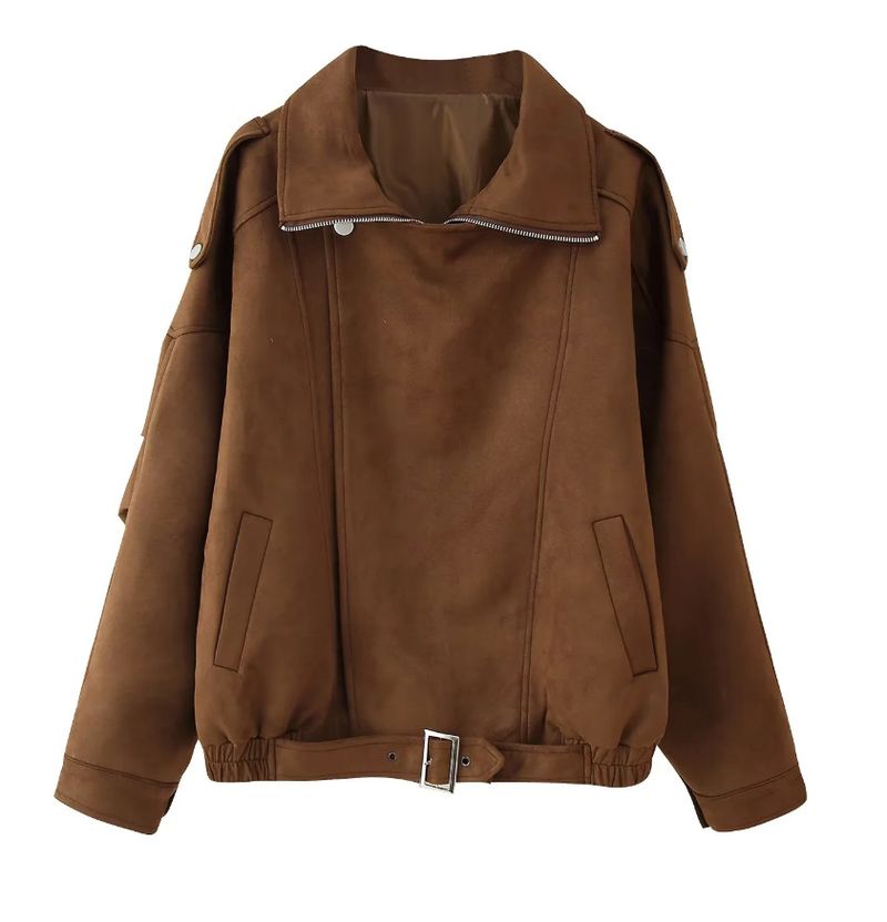 Stylish Short Biker Jacket For Women - Trendy Casual Outerwear With Stand Collar & Zipper Closure, Polyester Fabric, Slim Fit, Dark Brown_voghion.com
