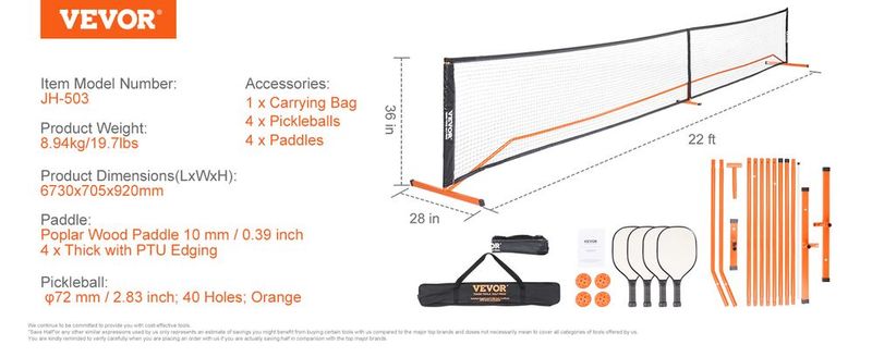 VEVOR Pickleball Net Set, 22FT Regulation Size Portable Pickleball System With Carrying Bag & Balls & Paddles, Weather Resistant Steady Metal Frame & Strong PE Net, For Outdoor Backyard Driveway_voghion.com
