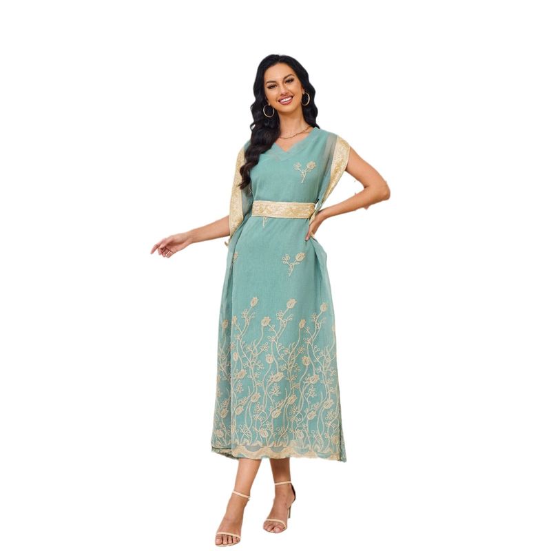 Mt113 Muslim Robe New Embroidered Mesh Large Swing Sleeveless Elegant Dress_voghion.com