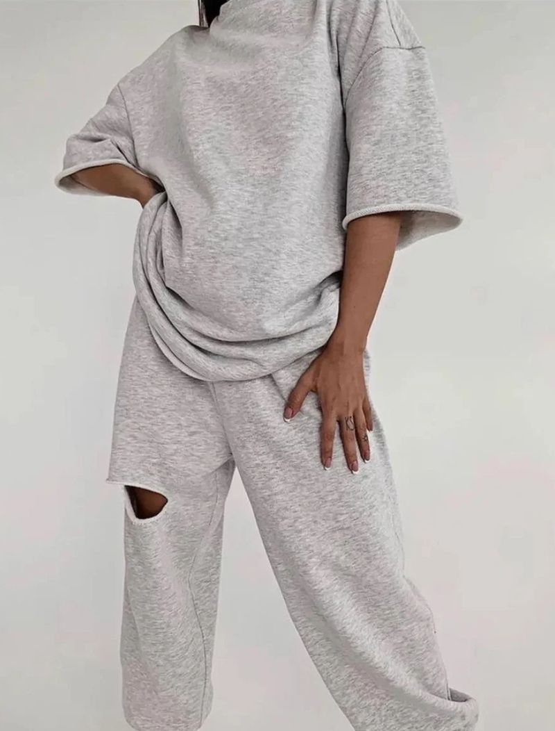 Zestaw Urban Edge Matching Set – bluzka z długim rękawem i okrągłym dekoltem oraz spodnie ze ściągaczem w stylu vintage (biały/beżowy/khaki/srebrny/ciemnoszary, S-XL)_voghion.com