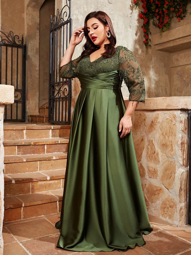 Robe de soirée grande taille Mgiacy, col en V, broderie en dentelle, tissu satiné, jupe longue pliée à la main, robe de bal_voghion.com