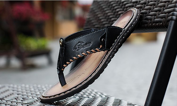 【 Vera pelle bovina cucita a mano 】 Pantofole a spina di pesce, sandali in pelle alla moda, sandali da uomo antiscivolo per uso esterno_voghion.com