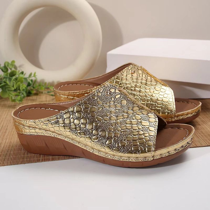 Plus Size One-Strap Thick-Soled Peep-Toe Sandals For Women With Stone Pattern Wedge Heel Beach Slippers_voghion.com