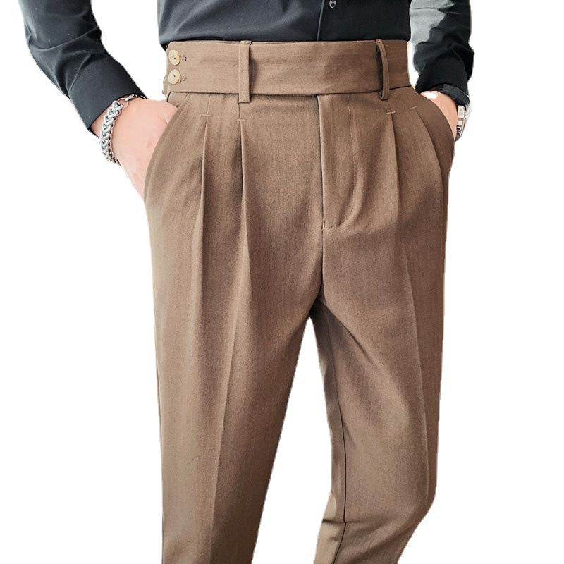 Pantaloni napoletani da uomo nuovi di zecca, in twill strutturato, con vita a pieghe, design casual a nove punte, vita media e alta_voghion.com