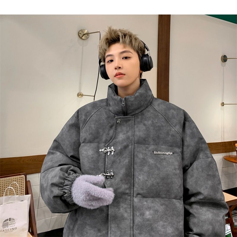 Hue Hue PU Leather For Men Winter Metal Airplane Buckle American Style Coat Thickened Warm Loose Puffer Cotton Padded Jacket_voghion.com