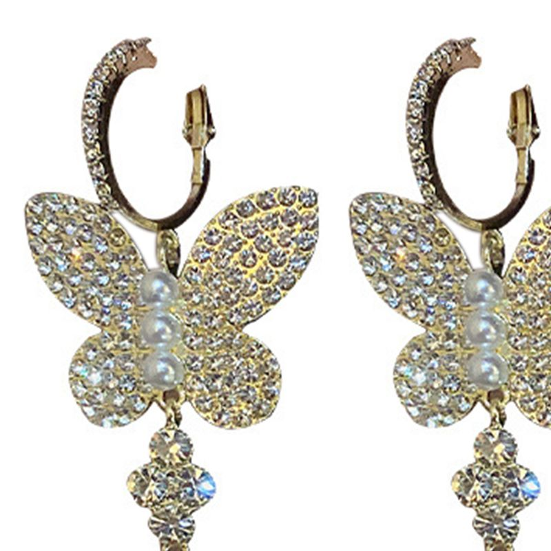 Yamaler 1 paio di ganci da donna, squisite perle d'imitazione, brillanti, con strass, a forma di farfalle, orecchini pendenti, gioielli femminili_voghion.com