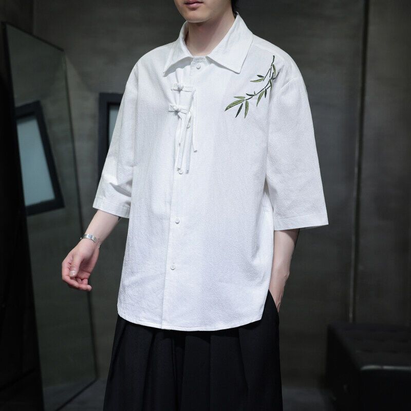 2025 Zomer Dunne Tang Kleding Hanfu Nieuwe Chinese Stijl Knopen Borduurwerk Top Losse IJs Zijden Korte Mouwen Shirt Voor Mannen_voghion.com