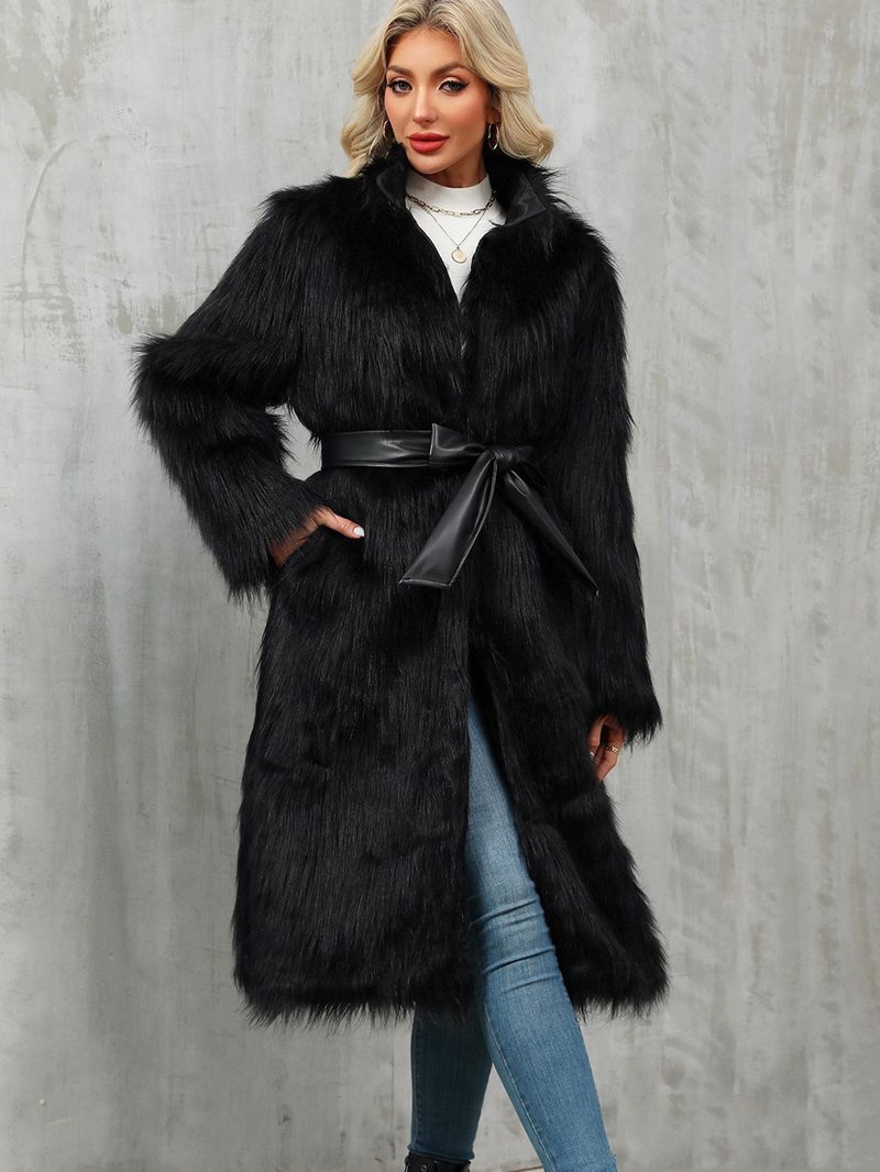 Damen-Kunstpelzmantel – Langer Plüsch-Trenchcoat mit Gürtel (S-XXXL, Schwarz/Polarfuchs, Eleganter Wintermantel)_voghion.com