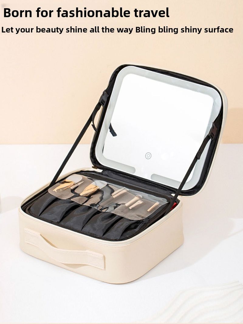 High-end LED With Mirror Travel For Women Portable Large Capacity Makeup Brush Case Handheld Partition Beauty Bag_voghion.com